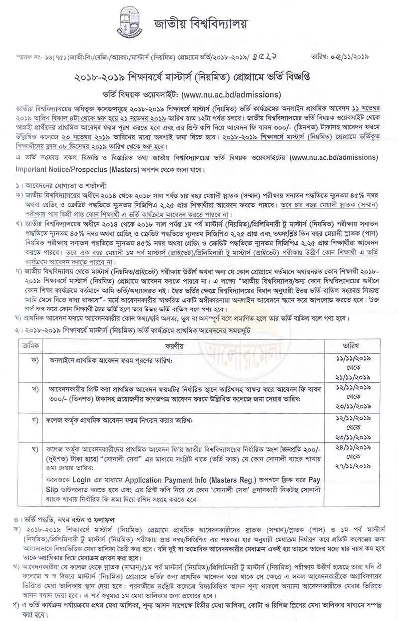 National University Nu Masters Admission Circular 2019 Alormela