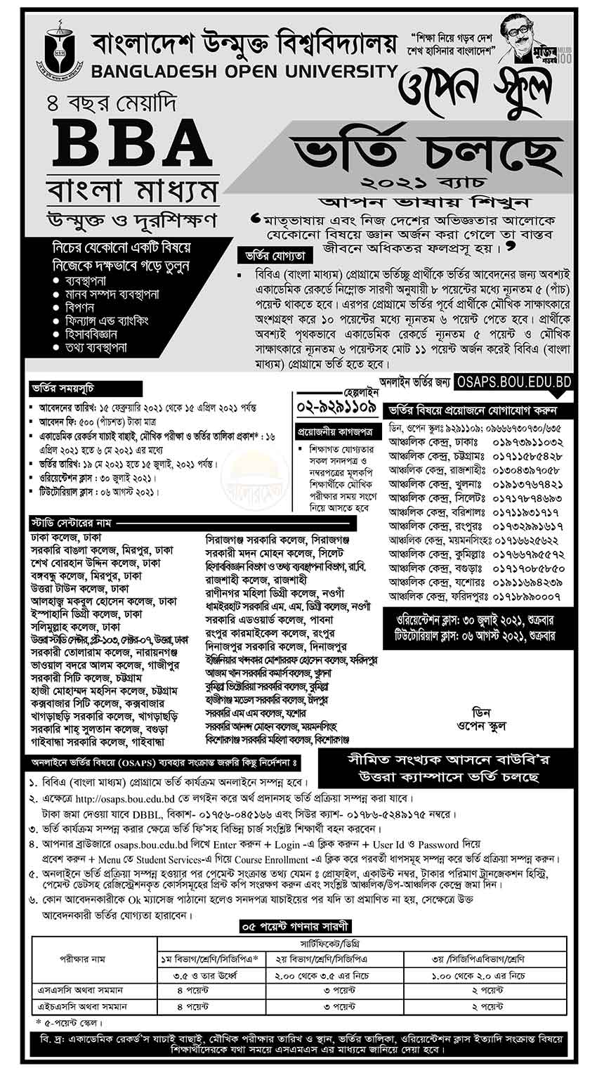 BOU BBA Bangla Admission Circular 2021