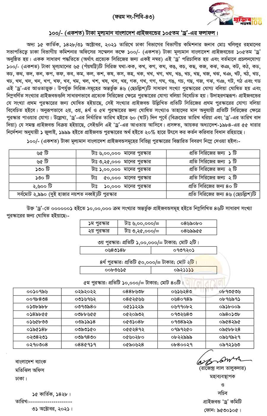 105th prizebond draw result 2021 Bangladesh Bank