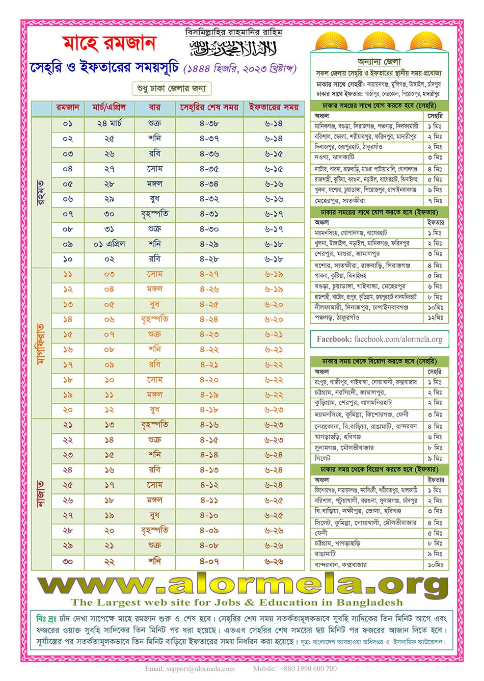 Ramadan Calendar Sehri Ifter World Time Table for the Year 2023 Hijri 1444