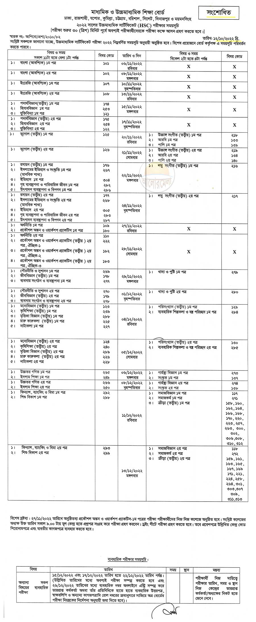 HSC Exam Revised Routine 2022 All Education Boards