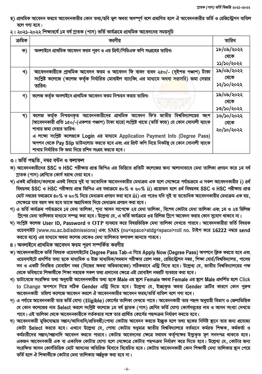 NU Degree Pass Courses Admission Circular 2022 2