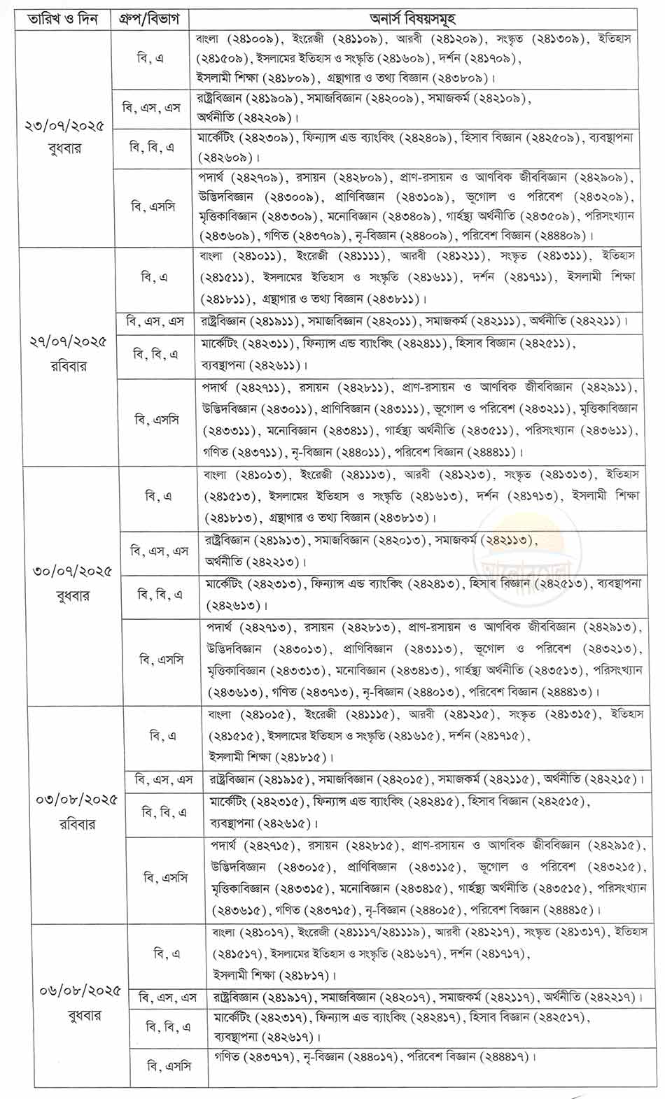 nu honours 4th year exam routine 2025 2