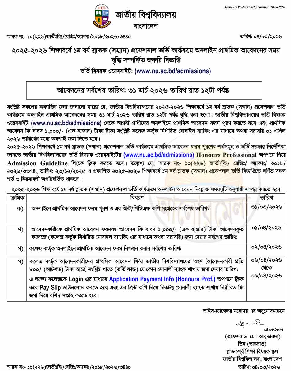 nu professional courses admission circular 2026
