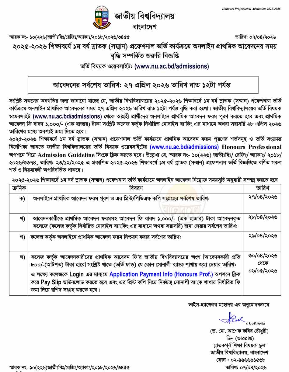 nu professional courses admission circular