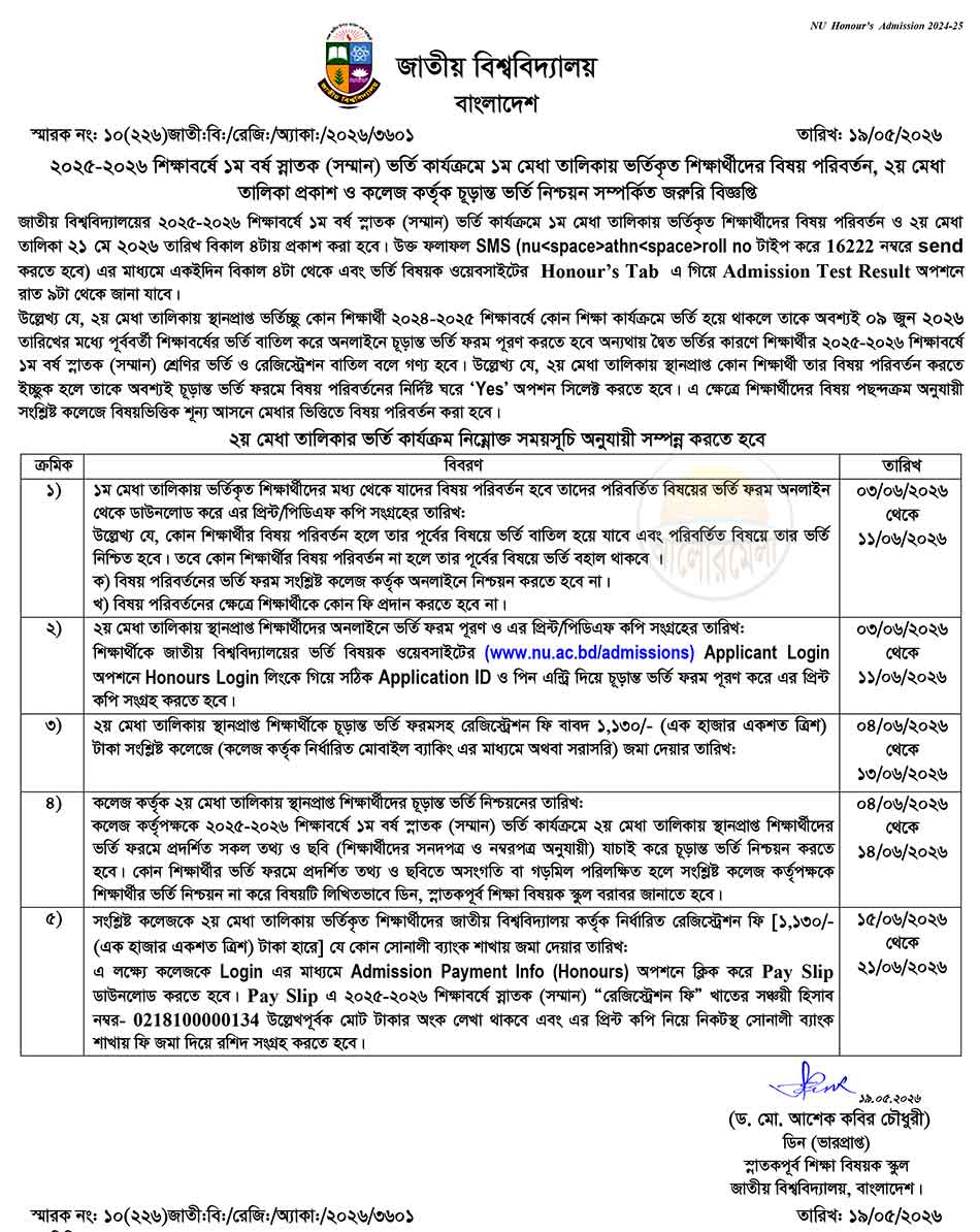 nu 1st year admissiom test result 2nd merit list 2026