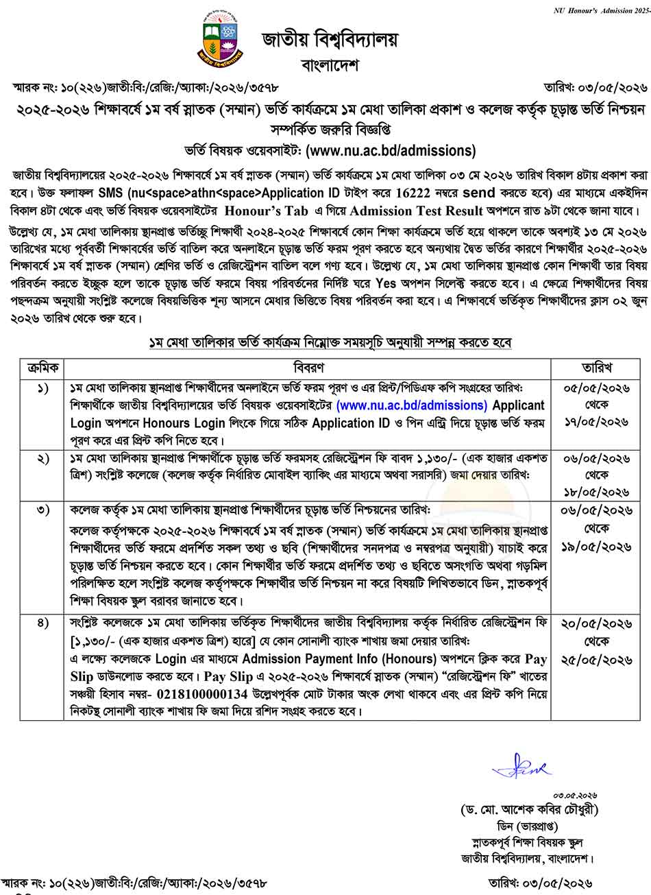 nu admission result 1st merit list 2026