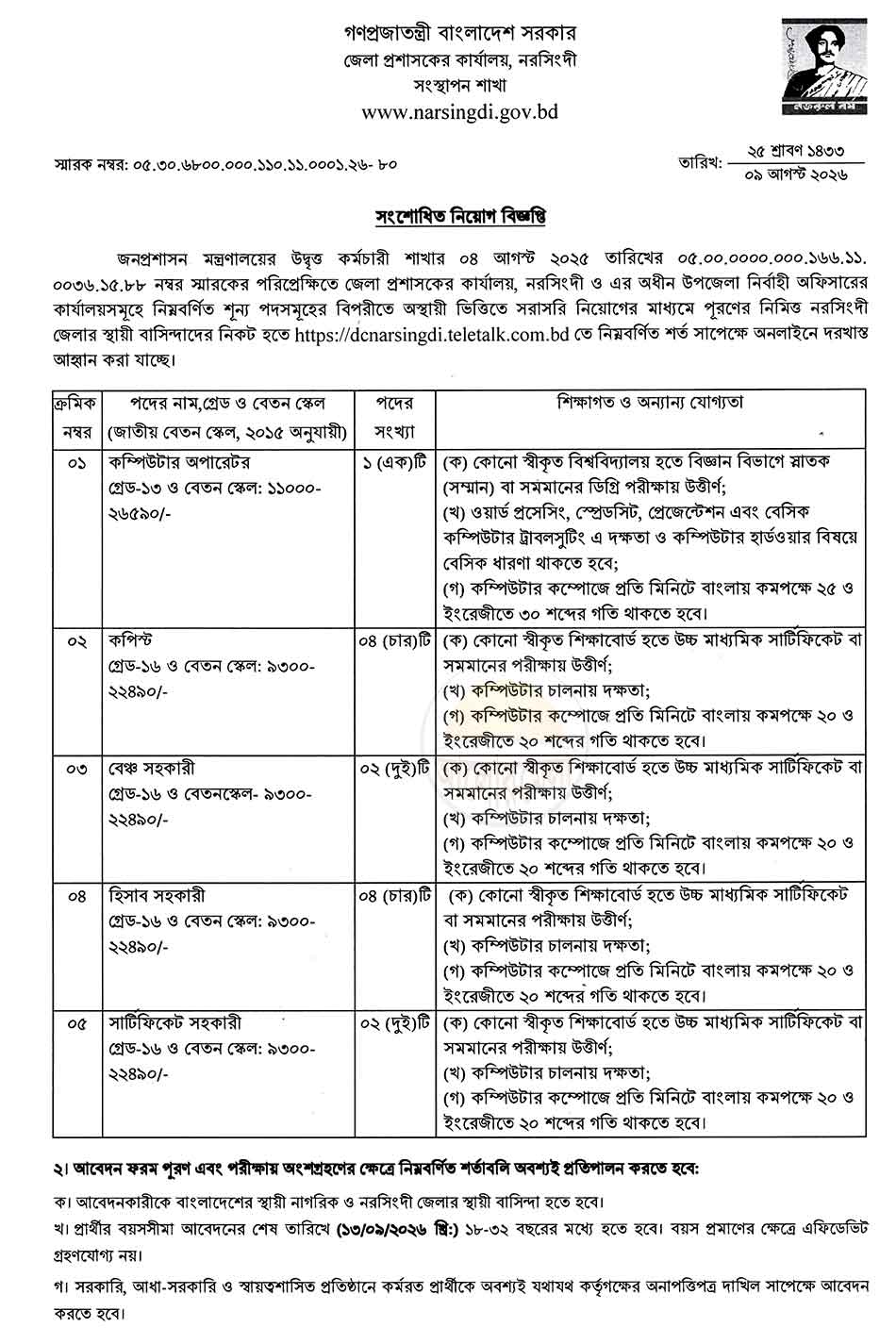 dc office narsingdi job circular 2026