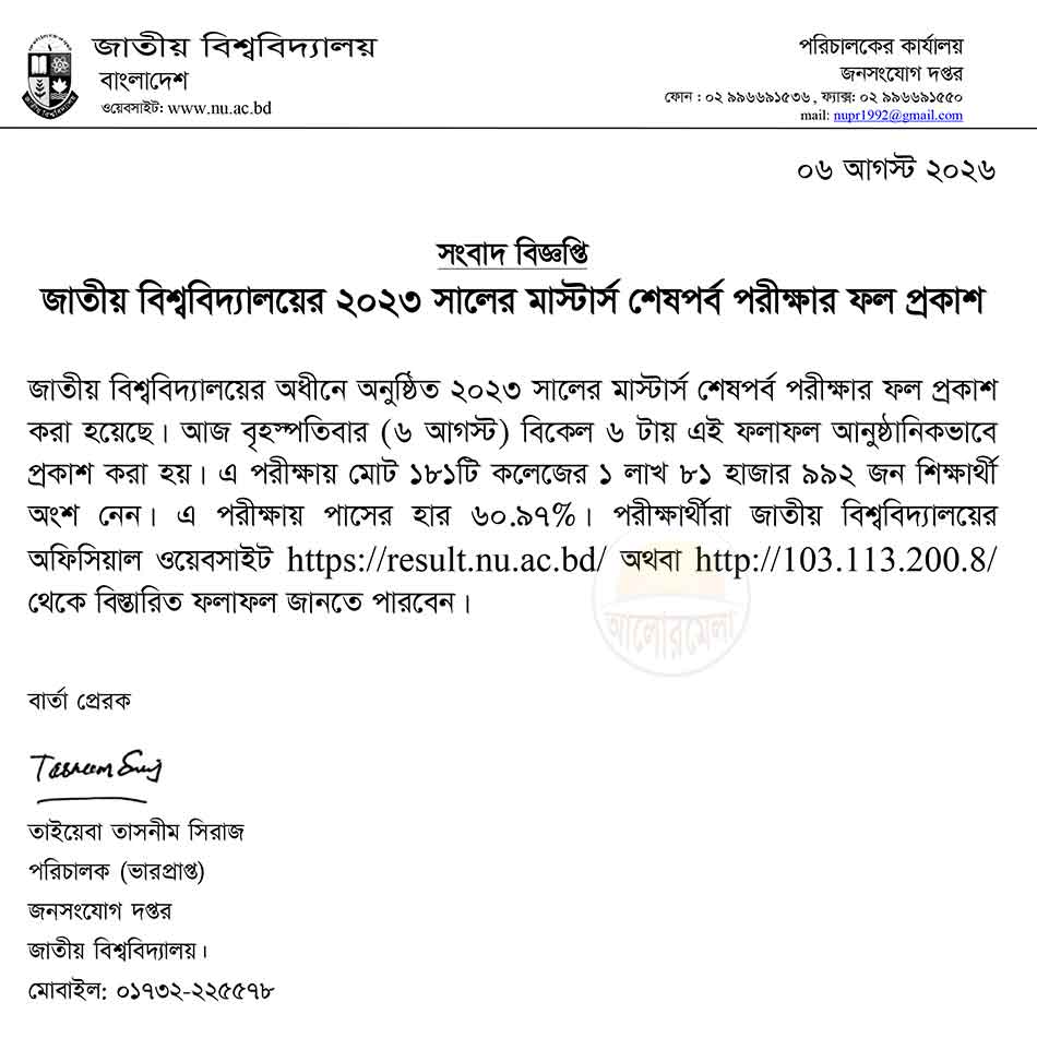 nu masters final year exam result 2026